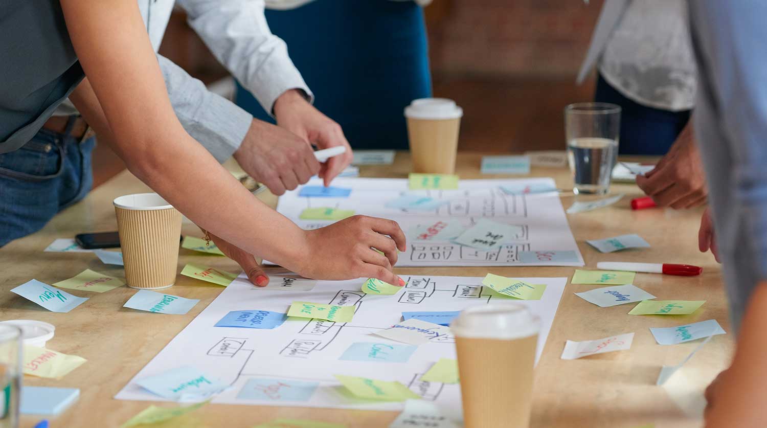 table with sticky notes and org charts