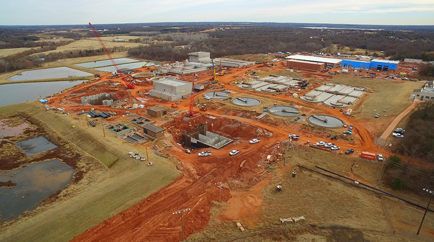 Arial photo of the Coffee Creek Water Resource Recovery Facility expansion in Edmond, Oklahoma performed by Carollo Engineers