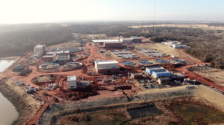 Arial photo of the Coffee Creek Water Resource Recovery Facility expansion in Edmond, Oklahoma performed by Carollo Engineers